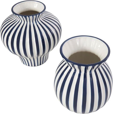 Deco 79 Ceramic Decorative Vase Striped Rounded Centerpiece Vases with Varying Shapes, Set of 2 Flower Vases for Home Decoration 8", 8" H, Blue in Saudi Arabia