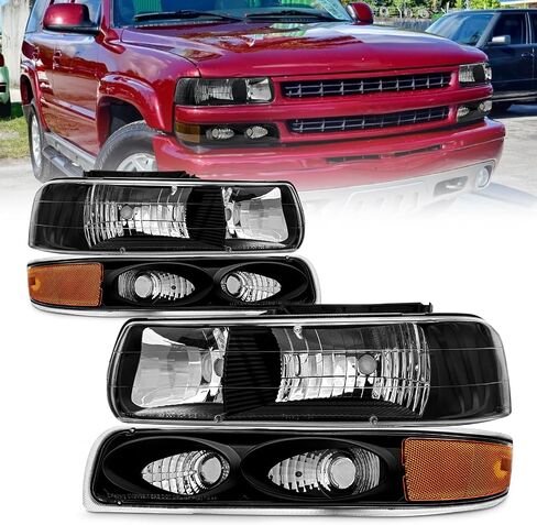 AS Headlight Assembly Compatible with 1999 2000 2001 2002 Chevy Silverado 1500 2500/2000-2006 Suburban 1500HD 2500HD Tahoe Headlamp withChrome Housing Amber Reflector Clear Lens in Kuwait