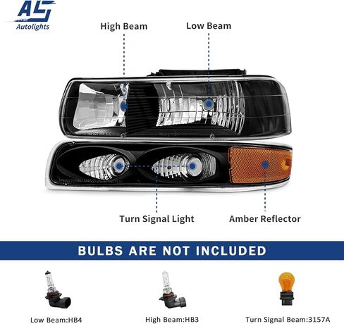 AS Headlight Assembly Compatible with 1999 2000 2001 2002 Chevy Silverado 1500 2500/2000-2006 Suburban 1500HD 2500HD Tahoe Headlamp withChrome Housing Amber Reflector Clear Lens in Kuwait