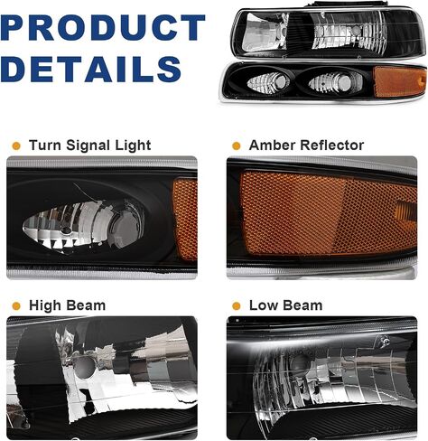 AS Headlight Assembly Compatible with 1999 2000 2001 2002 Chevy Silverado 1500 2500/2000-2006 Suburban 1500HD 2500HD Tahoe Headlamp withChrome Housing Amber Reflector Clear Lens in Kuwait