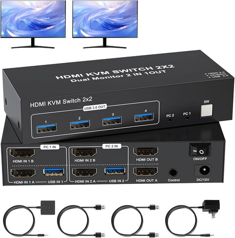 KVM Switch 2 Sonitors 2 Computers HDMI USB3.0 ، 4K@60Hz KVM مفاتيح لجهاز كمبيوتر 2 مشاركة 2 طابعة/ماسحة ماسحة لوحة مفاتيح ، مع EDID/HDCP Adaptive ، 2USB Cabler و Desktop Controller in Kuwait