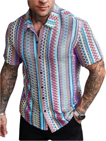 Oyoangle Men's Men Mens Mensure Button Button Down Down Dorts Block Short Sleeve Boho Facia Shirt in Saudi Arabia