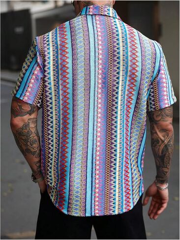 Oyoangle Men's Men Mens Mensure Button Button Down Down Dorts Block Short Sleeve Boho Facia Shirt in Saudi Arabia