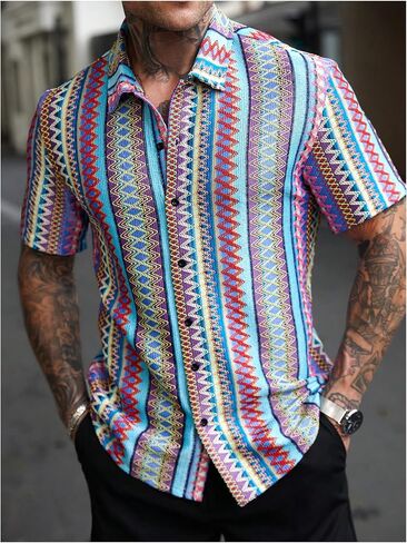 Oyoangle Men's Men Mens Mensure Button Button Down Down Dorts Block Short Sleeve Boho Facia Shirt in Saudi Arabia