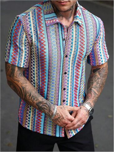 Oyoangle Men's Men Mens Mensure Button Button Down Down Dorts Block Short Sleeve Boho Facia Shirt in Saudi Arabia