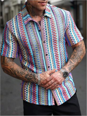 Oyoangle Men's Men Mens Mensure Button Button Down Down Dorts Block Short Sleeve Boho Facia Shirt in Saudi Arabia