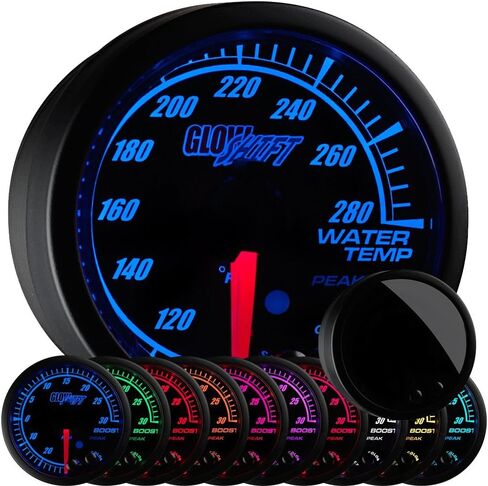 GlowShift Elite 10 Color 280 F Water Coolant Temperature Gauge Kit - Includes Electronic Sensor - Black Dial - Tinted Lens - Peak Recall Function - for Car & Truck - 2-1/16" 52mm in Saudi Arabia