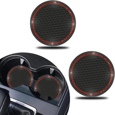 2 PCS Bling Car 2.75" Coaster, Flexible PVC Diamond-Encrusted Shiny Cup Holder Decoration, Honeycomb Non-Slip Shock-Absorbing Round Coaster, Universal for Car Interior Accessory (Black & Red) in Saudi Arabia