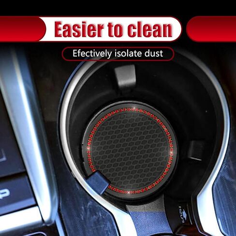 2 PCS Bling Car 2.75" Coaster, Flexible PVC Diamond-Encrusted Shiny Cup Holder Decoration, Honeycomb Non-Slip Shock-Absorbing Round Coaster, Universal for Car Interior Accessory (Black & Red) in Saudi Arabia