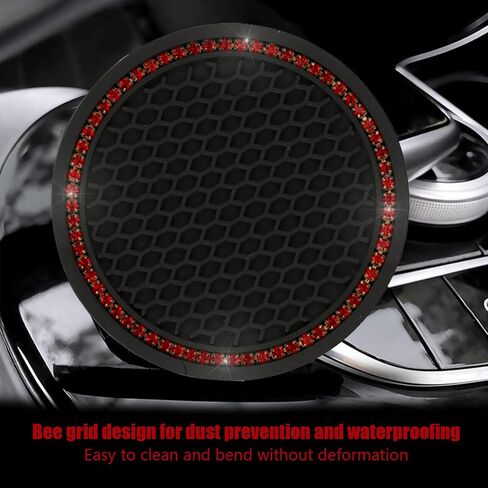 2 PCS Bling Car 2.75" Coaster, Flexible PVC Diamond-Encrusted Shiny Cup Holder Decoration, Honeycomb Non-Slip Shock-Absorbing Round Coaster, Universal for Car Interior Accessory (Black & Red) in Saudi Arabia