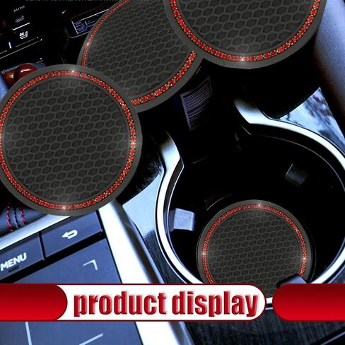 2 PCS Bling Car 2.75" Coaster, Flexible PVC Diamond-Encrusted Shiny Cup Holder Decoration, Honeycomb Non-Slip Shock-Absorbing Round Coaster, Universal for Car Interior Accessory (Black & Red) in Saudi Arabia