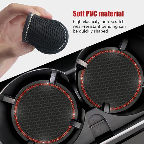 2 PCS Bling Car 2.75" Coaster, Flexible PVC Diamond-Encrusted Shiny Cup Holder Decoration, Honeycomb Non-Slip Shock-Absorbing Round Coaster, Universal for Car Interior Accessory (Black & Red) in Saudi Arabia
