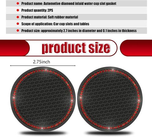 2 PCS Bling Car 2.75" Coaster, Flexible PVC Diamond-Encrusted Shiny Cup Holder Decoration, Honeycomb Non-Slip Shock-Absorbing Round Coaster, Universal for Car Interior Accessory (Black & Red) in Saudi Arabia