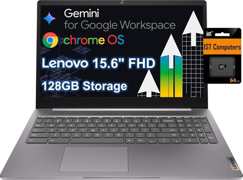 Lenovo Chromebook 15 (15.6" FHD, 8GB RAM, 128GB Storage (64GB eMMC + 64GB SD Card), 2TB Cloud Storage, Intel Celeron), Home & Student Laptop, Webcam, 10-Hr Long Battery Life, Wi-Fi 6, Chrome OS in Kuwait