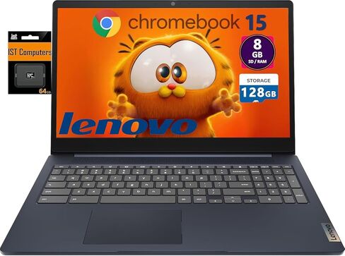 Lenovo Chromebook 15 (15.6" FHD, 8GB RAM, 128GB Storage (64GB eMMC + 64GB SD Card), 2TB Cloud Storage, Intel Celeron), Home & Student Laptop, Webcam, 10-Hr Long Battery Life, Wi-Fi 6, Chrome OS in Kuwait