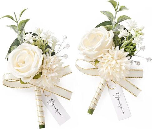 Serwalin 2 Pcs White Boutonniere for Men, Groom Groomsmen Best Man Guest Boutonnieres, Artificial Flowers Silk Rose for Wedding Prom Ceremony Anniversary Party Homecoming in Saudi Arabia