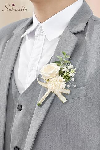 Serwalin 2 Pcs White Boutonniere for Men, Groom Groomsmen Best Man Guest Boutonnieres, Artificial Flowers Silk Rose for Wedding Prom Ceremony Anniversary Party Homecoming in Saudi Arabia