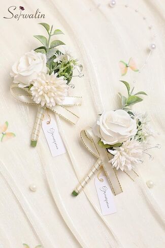 Serwalin 2 Pcs White Boutonniere for Men, Groom Groomsmen Best Man Guest Boutonnieres, Artificial Flowers Silk Rose for Wedding Prom Ceremony Anniversary Party Homecoming in Saudi Arabia