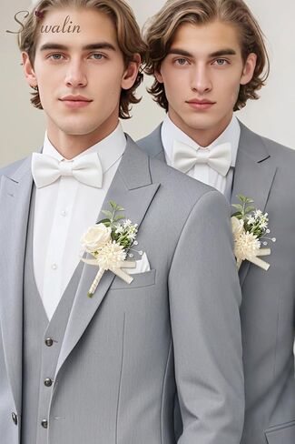Serwalin 2 Pcs White Boutonniere for Men, Groom Groomsmen Best Man Guest Boutonnieres, Artificial Flowers Silk Rose for Wedding Prom Ceremony Anniversary Party Homecoming in Saudi Arabia