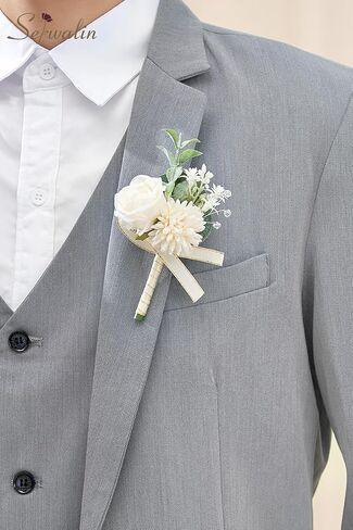 Serwalin 2 Pcs White Boutonniere for Men, Groom Groomsmen Best Man Guest Boutonnieres, Artificial Flowers Silk Rose for Wedding Prom Ceremony Anniversary Party Homecoming in Saudi Arabia