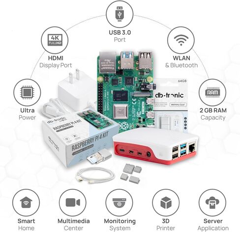 Raspberry PI 4 4GB Starter Kit | 64 جيجابايت microsd | Oficial USB-C إمدادات الطاقة | حالة من الأسلوب | 4K Micro HDMI Cable 1M | تقليل الحرارة in Kuwait
