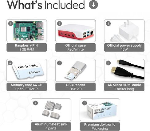 Raspberry PI 4 4GB Starter Kit | 64 جيجابايت microsd | Oficial USB-C إمدادات الطاقة | حالة من الأسلوب | 4K Micro HDMI Cable 1M | تقليل الحرارة in Kuwait