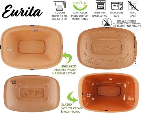Eurita Clay Roaster, 7.2 Quart, 6.8 Litres, Non-Stick Earthenware, Toxin-Free, Healthy Clay Pot Cooking, Versatile Cooking Dutch Oven, Digital Recipe and Instructions Included in Saudi Arabia