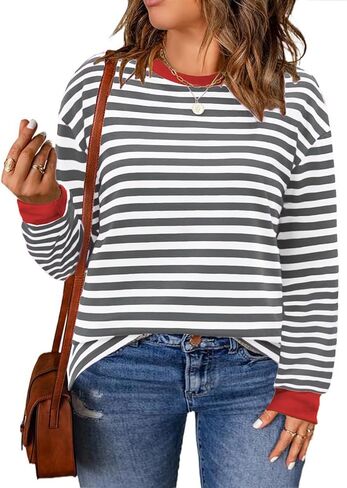 Womens-Plus-Size-Sweatshirts Trendy Striped Color Block Tops Casual Long Sleeve Shirts Cute Oversized Crewneck Tunics in Kuwait