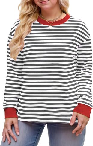 Womens-Plus-Size-Sweatshirts Trendy Striped Color Block Tops Casual Long Sleeve Shirts Cute Oversized Crewneck Tunics in Kuwait
