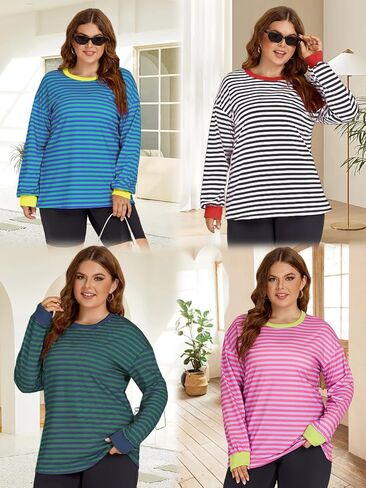 Womens-Plus-Size-Sweatshirts Trendy Striped Color Block Tops Casual Long Sleeve Shirts Cute Oversized Crewneck Tunics in Kuwait