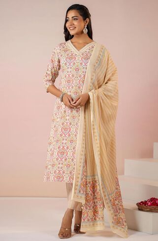 Janasya Indian Women's Cream Pure Cotton Terms Kurta Kurti Top Tunic Tunic Discal Disual Wear kurta for Women in Saudi Arabia