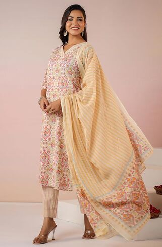 Janasya Indian Women's Cream Pure Cotton Terms Kurta Kurti Top Tunic Tunic Discal Disual Wear kurta for Women in Saudi Arabia