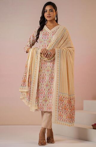 Janasya Indian Women's Cream Pure Cotton Terms Kurta Kurti Top Tunic Tunic Discal Disual Wear kurta for Women in Saudi Arabia