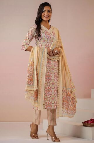 Janasya Indian Women's Cream Pure Cotton Terms Kurta Kurti Top Tunic Tunic Discal Disual Wear kurta for Women in Saudi Arabia