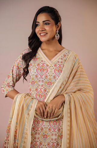 Janasya Indian Women's Cream Pure Cotton Terms Kurta Kurti Top Tunic Tunic Discal Disual Wear kurta for Women in Saudi Arabia