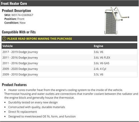 Front Heater Core - Compatible with 2009-2020 Dodge Journey in Saudi Arabia