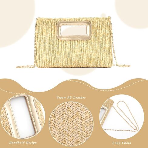 GOKTOW Straw Clutch Top Handbags Raffia Bag Purse Woven Tote CrossBag for Women Beach Summer Travel With Chain 2025 in Kuwait