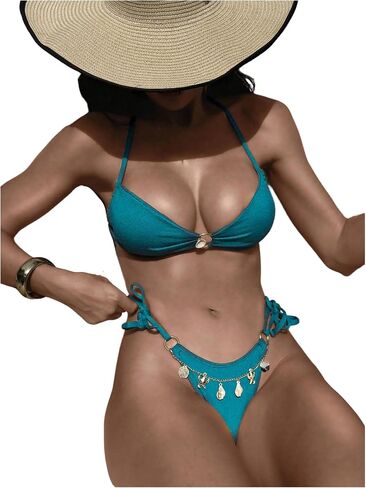 SweatyRocks Women's 2 Piece Bikini Set Tie Back Halter Strap Cutout Backless Swimsuit High Waist Bikini Sets in Kuwait