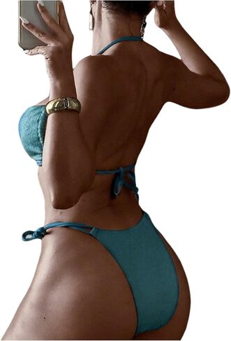 SweatyRocks Women's 2 Piece Bikini Set Tie Back Halter Strap Cutout Backless Swimsuit High Waist Bikini Sets in Kuwait