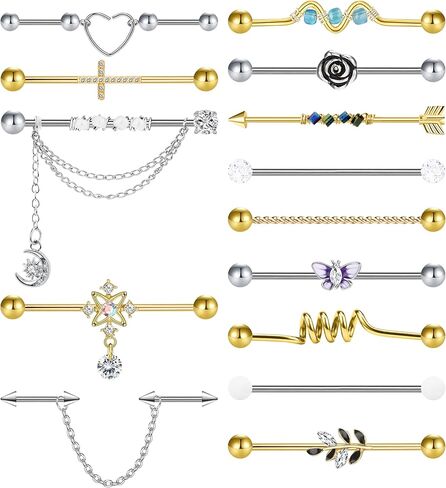 14Pcs 14G Industrial Piercing Jewelry Surgical Steel Industrial Barbell Earrings for Women Helix Cartilage Piercing Earrings with Chain Jewelry Set in Kuwait