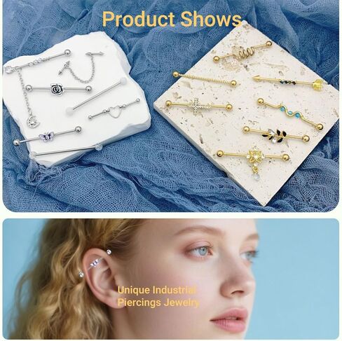 14Pcs 14G Industrial Piercing Jewelry Surgical Steel Industrial Barbell Earrings for Women Helix Cartilage Piercing Earrings with Chain Jewelry Set in Kuwait