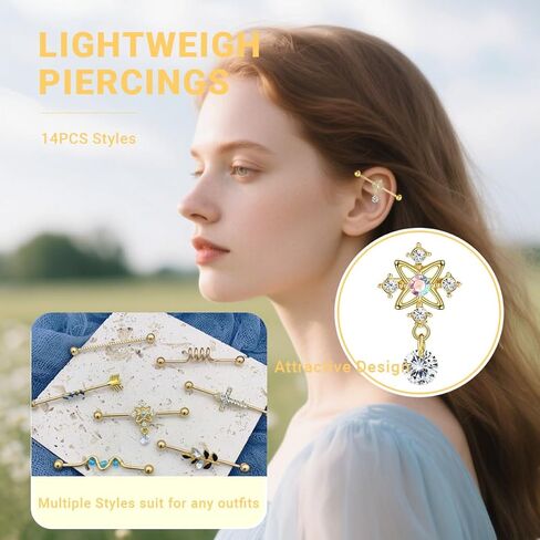 14Pcs 14G Industrial Piercing Jewelry Surgical Steel Industrial Barbell Earrings for Women Helix Cartilage Piercing Earrings with Chain Jewelry Set in Kuwait