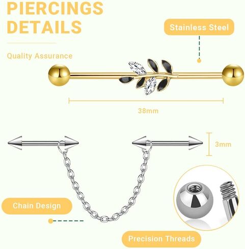 14Pcs 14G Industrial Piercing Jewelry Surgical Steel Industrial Barbell Earrings for Women Helix Cartilage Piercing Earrings with Chain Jewelry Set in Kuwait