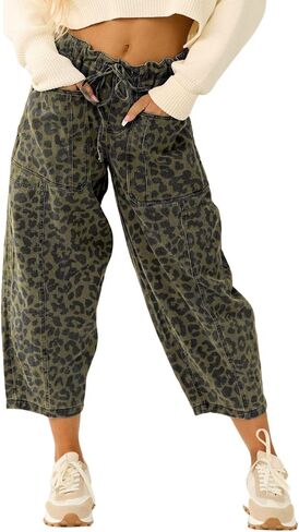 loveimgs Women Loose Leopard Print Cropped Denim Pants Barrel Jeans Elastic Waist Cheetah Wide Leg Harem Pants in Saudi Arabia