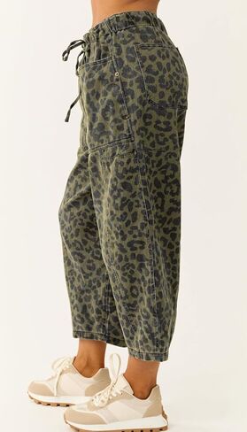 loveimgs Women Loose Leopard Print Cropped Denim Pants Barrel Jeans Elastic Waist Cheetah Wide Leg Harem Pants in Saudi Arabia