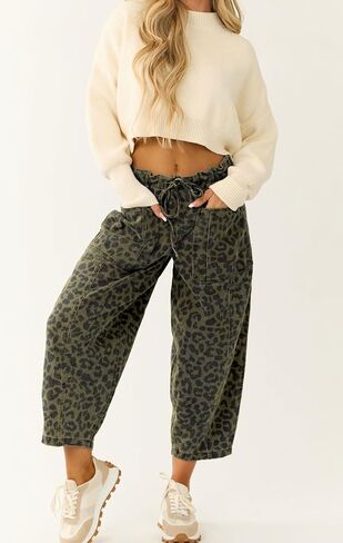 loveimgs Women Loose Leopard Print Cropped Denim Pants Barrel Jeans Elastic Waist Cheetah Wide Leg Harem Pants in Saudi Arabia