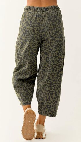 loveimgs Women Loose Leopard Print Cropped Denim Pants Barrel Jeans Elastic Waist Cheetah Wide Leg Harem Pants in Saudi Arabia