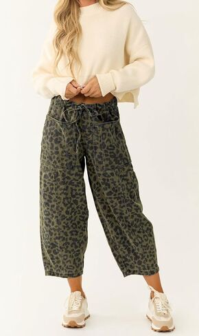 loveimgs Women Loose Leopard Print Cropped Denim Pants Barrel Jeans Elastic Waist Cheetah Wide Leg Harem Pants in Saudi Arabia