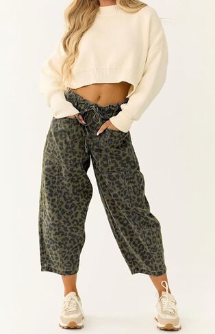 loveimgs Women Loose Leopard Print Cropped Denim Pants Barrel Jeans Elastic Waist Cheetah Wide Leg Harem Pants in Saudi Arabia