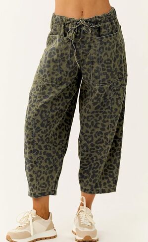 loveimgs Women Loose Leopard Print Cropped Denim Pants Barrel Jeans Elastic Waist Cheetah Wide Leg Harem Pants in Saudi Arabia
